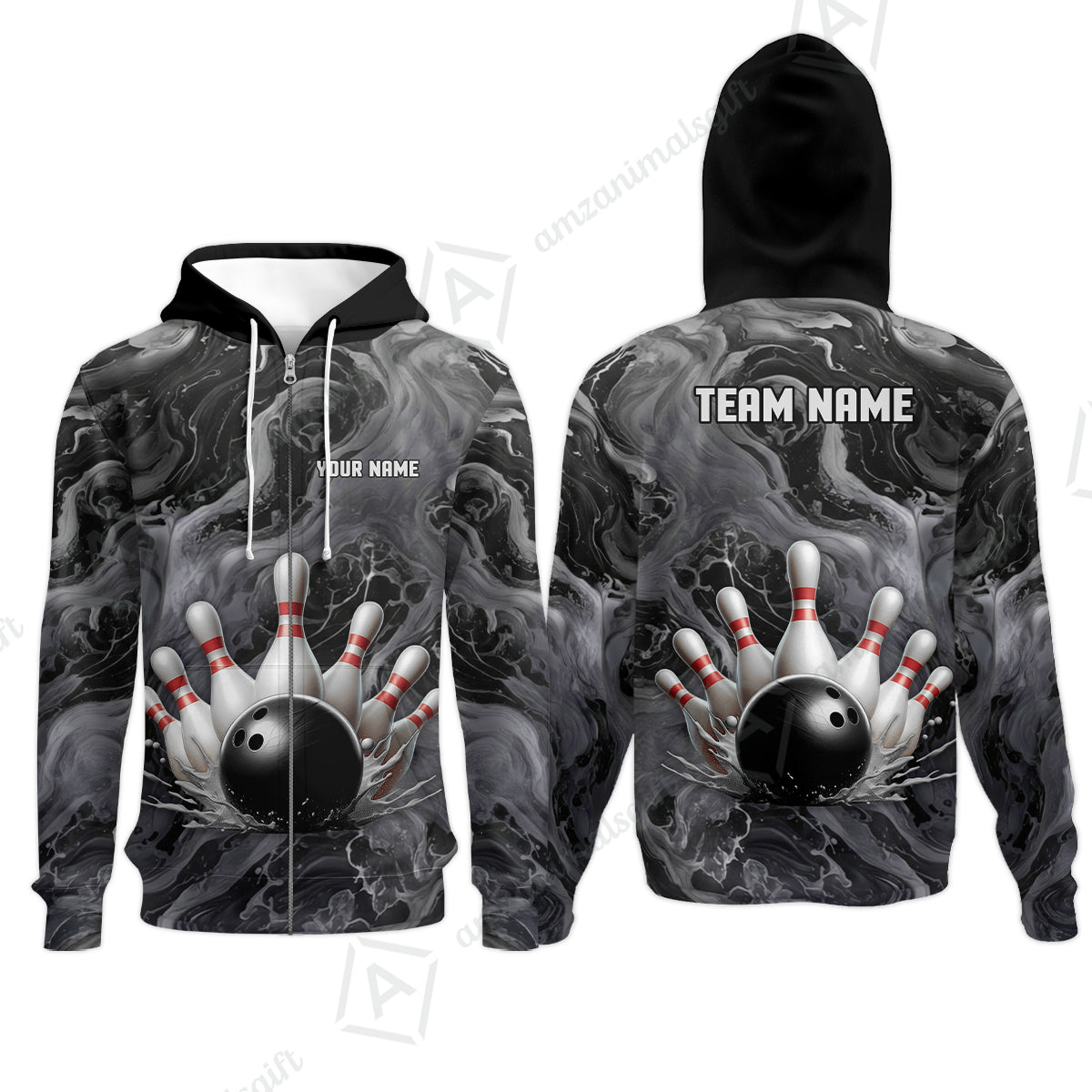 Custom Bowling Team Unisex Polo Shirt, Black Pearl Urethane Bowling Ball Marble Smoke Design for Bowlers