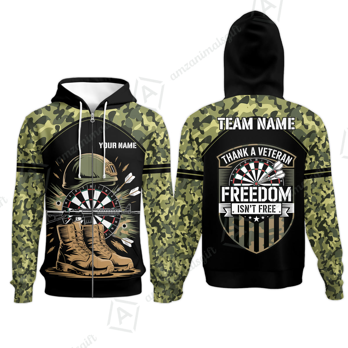Custom Military Green Camouflage Dartboard Collar Quater-Zip Jersey Team Shirts, Customized Name Team Name Darts Team Jerseys Uniform