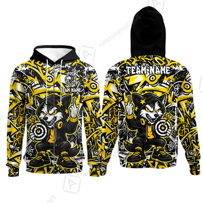 Customized Darts Team Uniform Shirt, Cool Cartoon Wolf With Dartboard, Personalized Name And Team Name