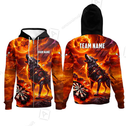 Custom Darts Team Jersey, Personalized Flaming Wolf Jersey Shirt For Players With Name & Team Name
