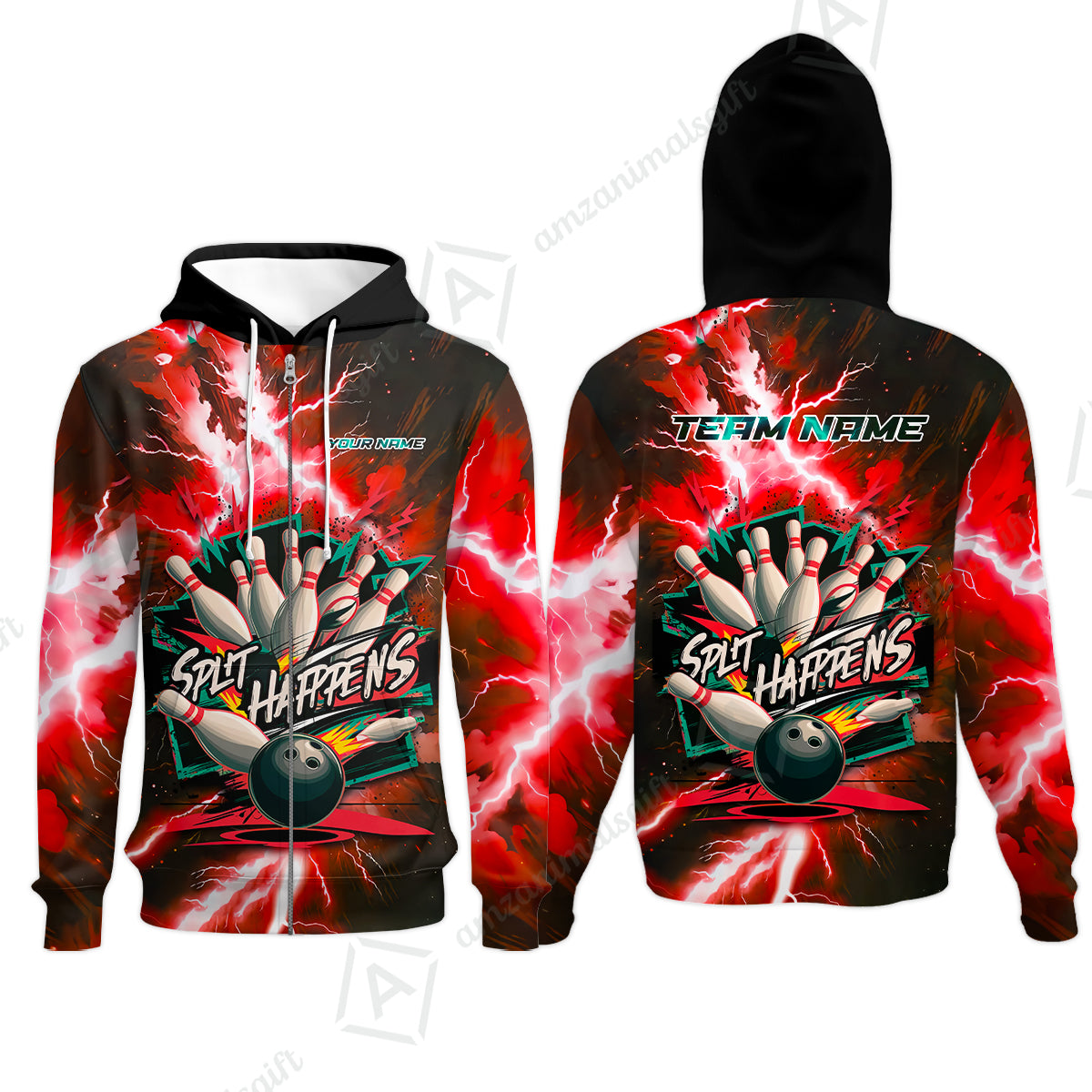 Customized Bowling Jersey, Dramatic Red And Black Lightning - Split Happens , Uniform Bowling - Personalized Name And Team Name