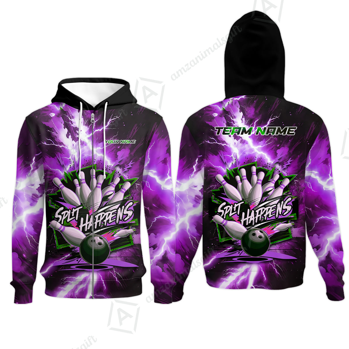 Custom Bowling Team Jersey, Split Happens - Electric Lightning, Bowling Uniforms, Personalize Name And Team Name
