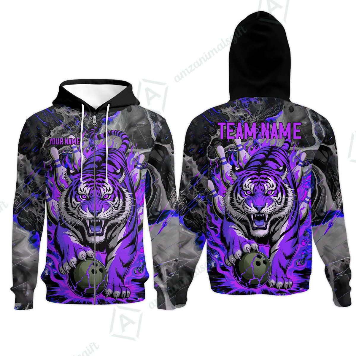 Custom Bowling Team Jersey, Tiger Gripping A Bowling Ball, Bowling Uniforms, Personalize Name And Team Name