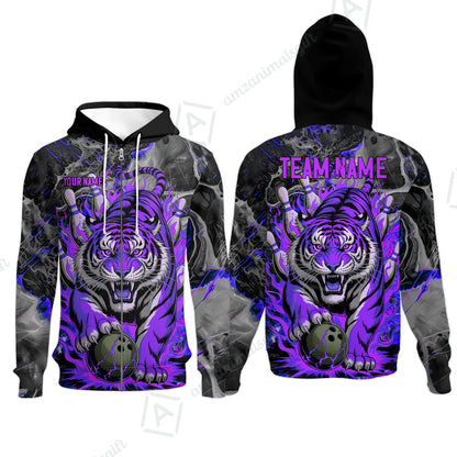 Custom Bowling Team Jersey, Tiger Gripping A Bowling Ball, Bowling Uniforms, Personalize Name And Team Name
