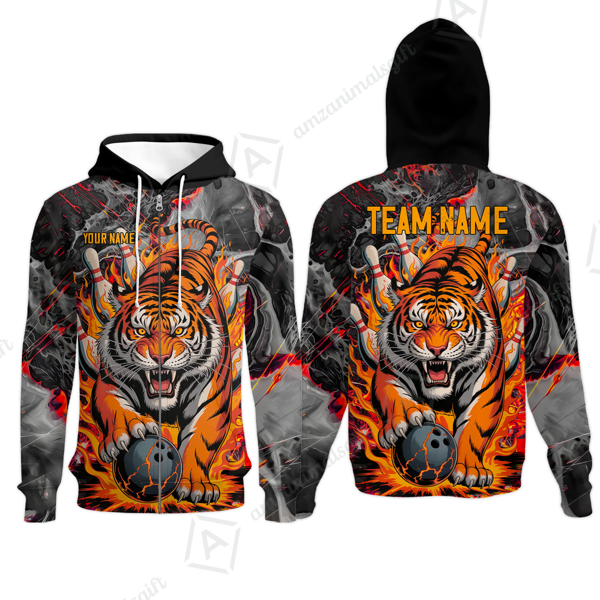 Custom Bowling Team Jersey, Tiger Gripping A Bowling Ball, Bowling Uniforms, Personalize Name And Team Name