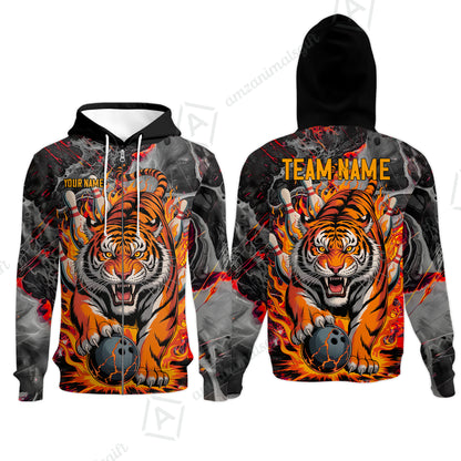 Custom Bowling Team Jersey, Tiger Gripping A Bowling Ball, Bowling Uniforms, Personalize Name And Team Name