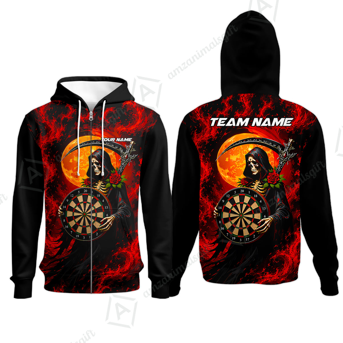 Customized Grim Reaper Holding Dartboard In Moonlight Halloween Darts Jersey, Personalized Name And Team Name For Players