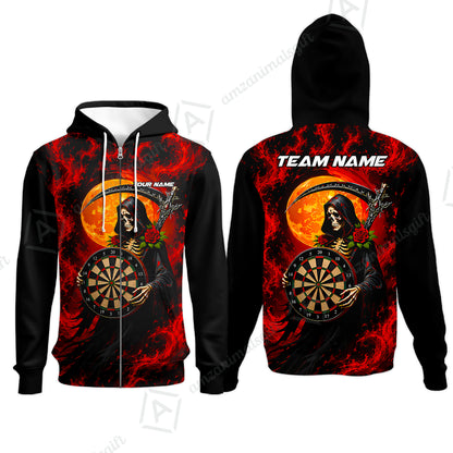Customized Grim Reaper Holding Dartboard In Moonlight Halloween Darts Jersey, Personalized Name And Team Name For Players