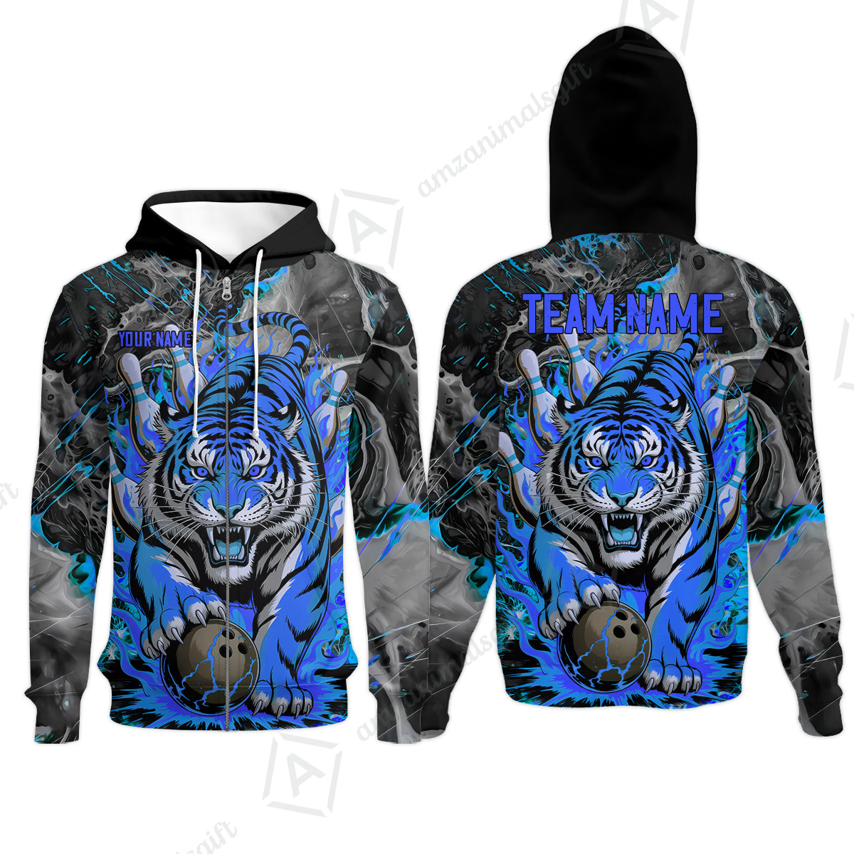 Custom Bowling Team Jersey, Tiger Gripping A Bowling Ball, Bowling Uniforms, Personalize Name And Team Name