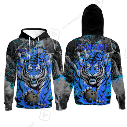 Custom Bowling Team Jersey, Tiger Gripping A Bowling Ball, Bowling Uniforms, Personalize Name And Team Name