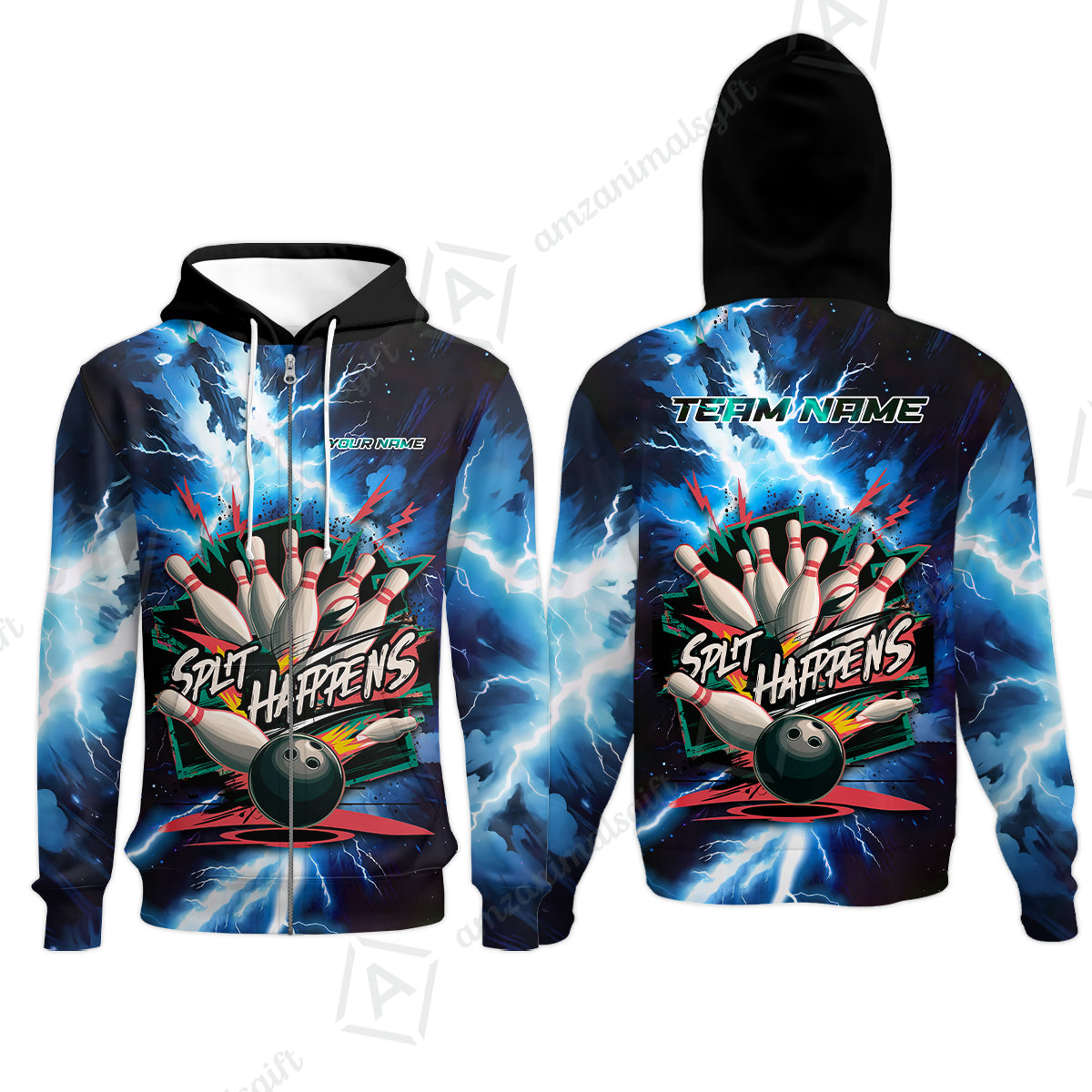 Custom Bowling Team Jersey, Split Happens - Electric Lightning, Bowling Uniforms, Personalize Name And Team Name