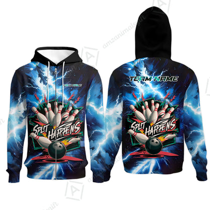 Custom Bowling Team Jersey, Split Happens - Electric Lightning, Bowling Uniforms, Personalize Name And Team Name