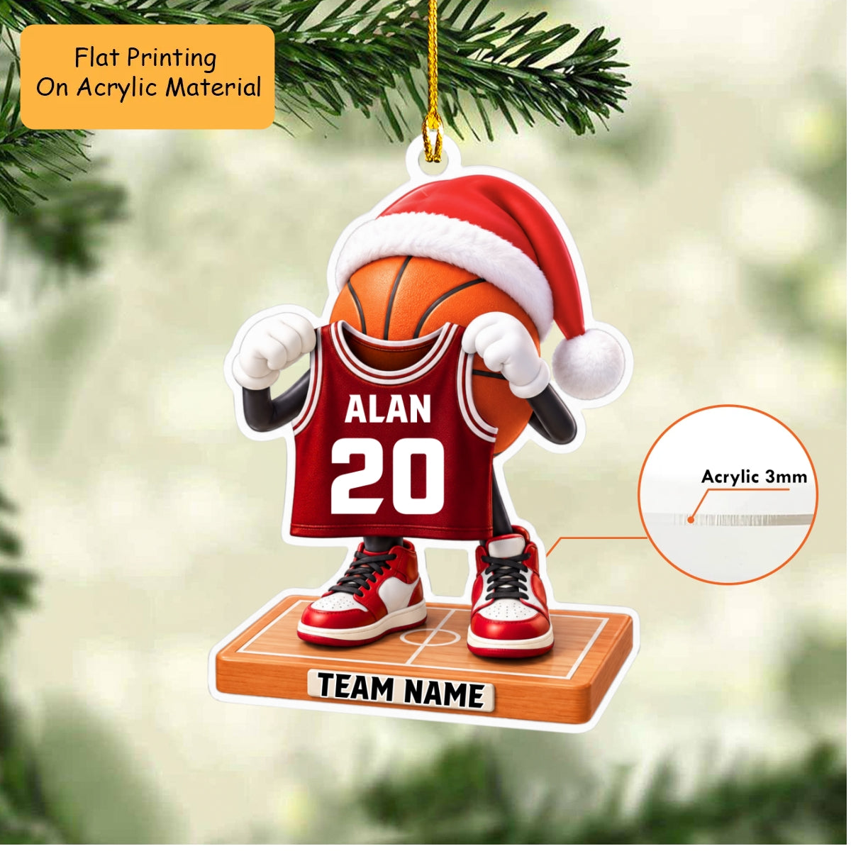 Personalized Basketball Christmas Flat Printed Acrylic Ornament, Basketball Things, Custom Ornament Christmas Gift, Keychain Basketball, Car Ornament Basketball