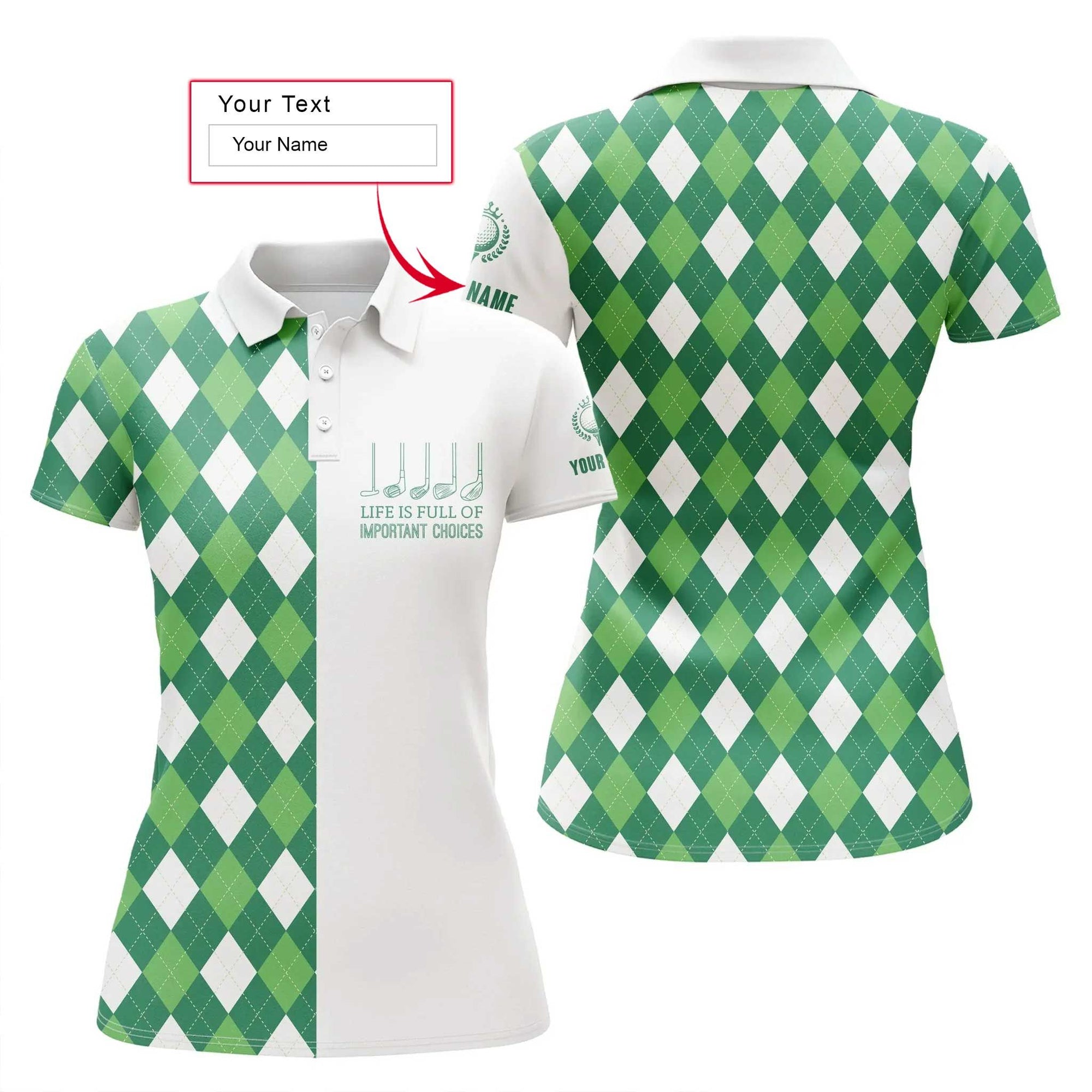 Golf Custom Name Women Polo Shirt, Green Argyle Plaid Pattern Personalized Outfits Women Polo Shirts, Life Is Full Of Important Choices Golf Wear