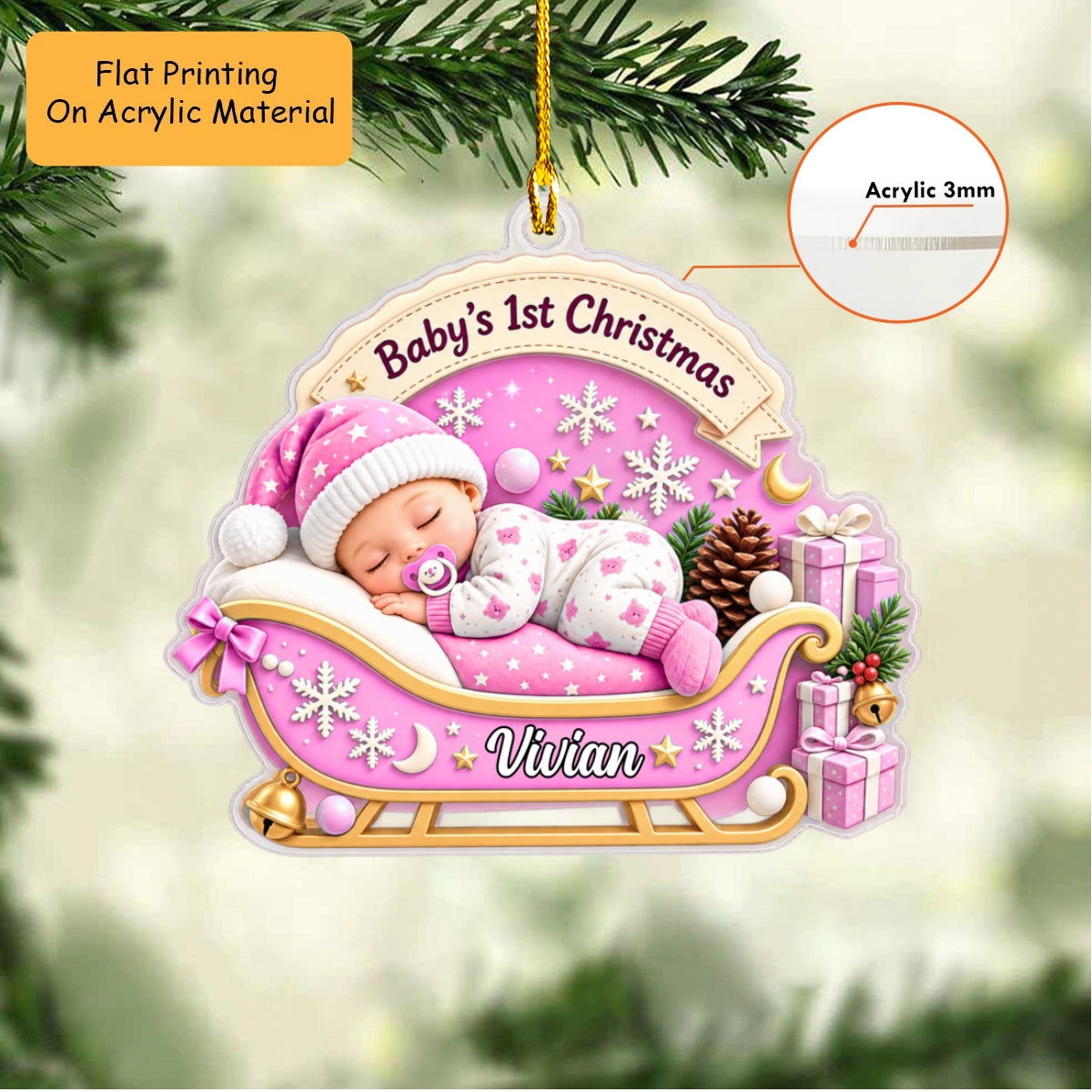 Personalized Baby Christmas Flat Printed Acrylic Ornament, Sleeping Baby's 1st Christmas, Custom Ornament Christmas Gift, Keychain Baby, Car Ornament Baby