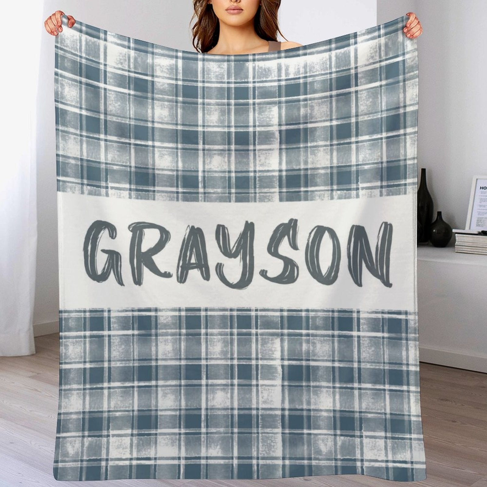 Plaid Neutral Baby Kids Blanket With Personalized Name For Baby Nursery, Son, Daughter, Granddaughter, Grandson