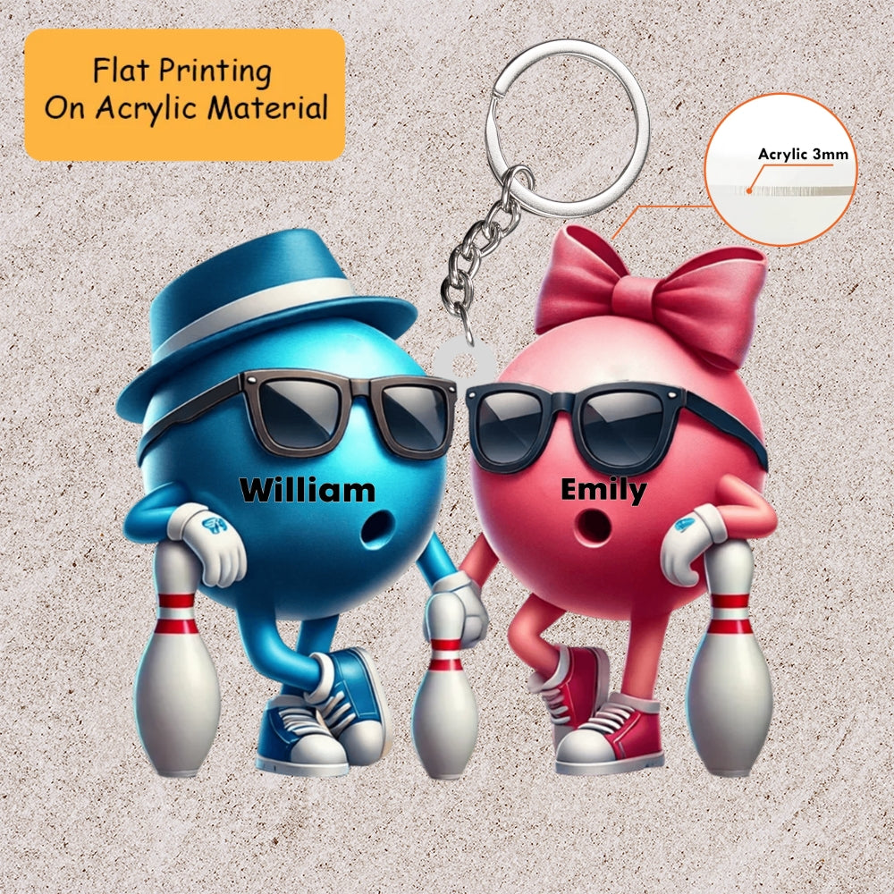 Personalized Bowling Couple Holding Pins Acrylic Ornament, Bowling Keychain, Car Ornament, Christmas Ornament Gifts
