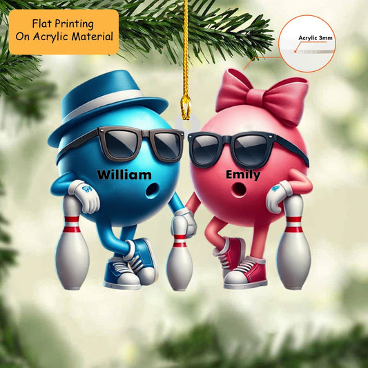 Personalized Bowling Couple Holding Pins Acrylic Ornament, Bowling Keychain, Car Ornament, Christmas Ornament Gifts