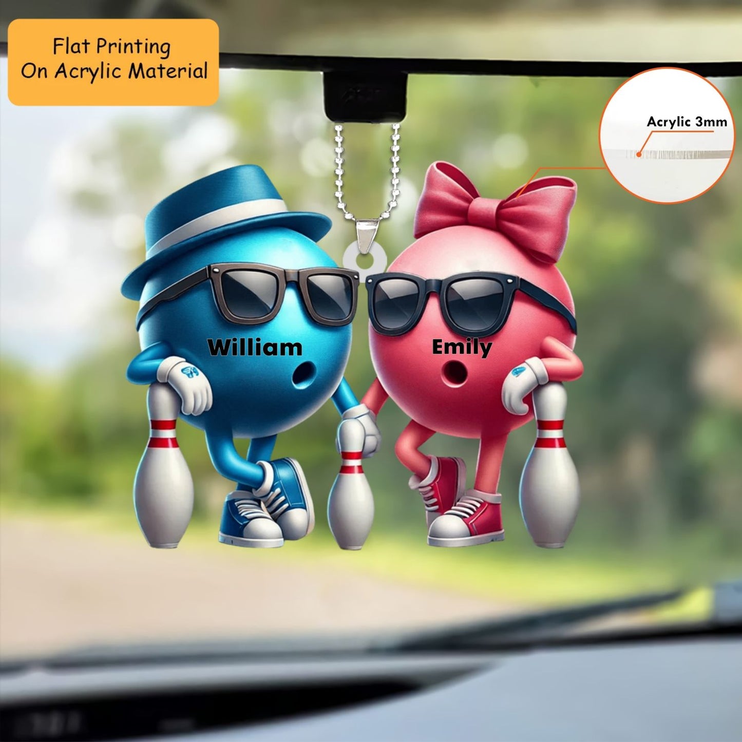 Personalized Bowling Couple Holding Pins Acrylic Ornament, Bowling Keychain, Car Ornament, Christmas Ornament Gifts