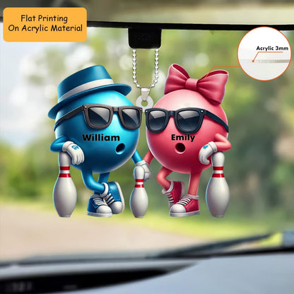 Personalized Bowling Couple Holding Pins Acrylic Ornament, Bowling Keychain, Car Ornament, Christmas Ornament Gifts