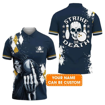 Bowling Custom Men Polo Shirt - Custom Name Blue Bowling Strike Or Death Personalized Bowling Polo Shirt - Perfect Gift For Friend, Family