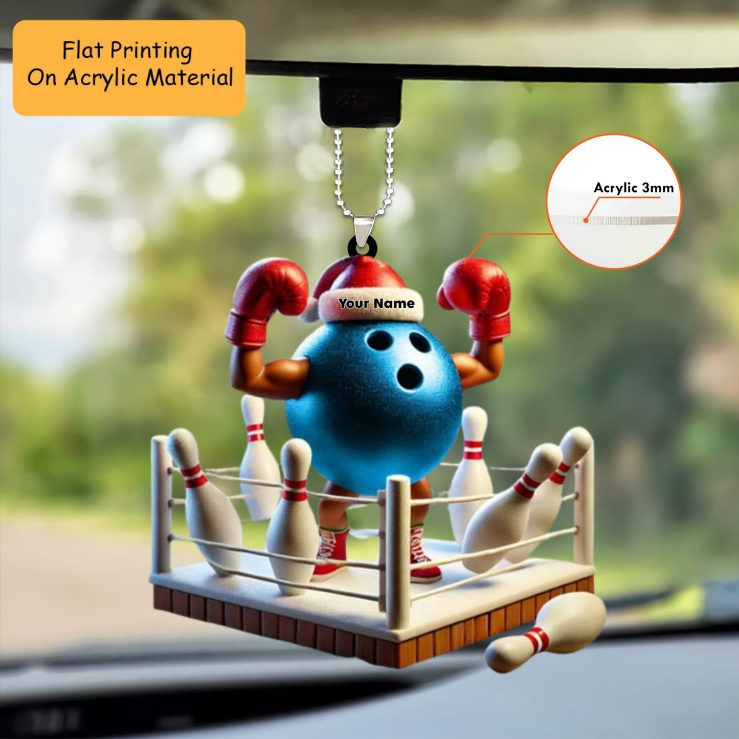 Personalized Bowling Ball Holding Pins Acrylic Ornament, Bowling Keychain, Car Ornament, Christmas Ornament Gifts