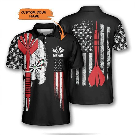 Darts Custom Men Polo Shirt, Personalized Darts American Flag Skull Polo Shirts For Men, 4th of July Party Favors For Dart Lovers, Dartboard Shirts