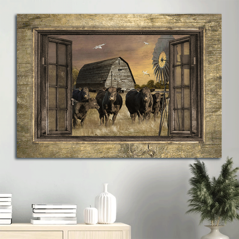 Aberdeen Angus Premium Wrapped Landscape Canvas - Old Barn Painting, Aberdeen Angus, Countryside, Windmill - Gift For Farmers, Farm Lovers - Amzanimalsgift