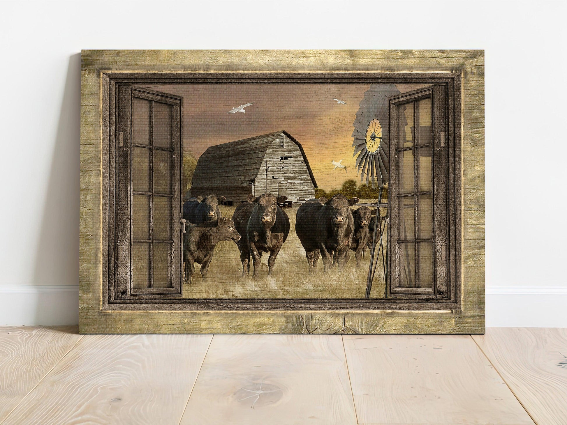 Aberdeen Angus Premium Wrapped Landscape Canvas - Old Barn Painting, Aberdeen Angus, Countryside, Windmill - Gift For Farmers, Farm Lovers - Amzanimalsgift