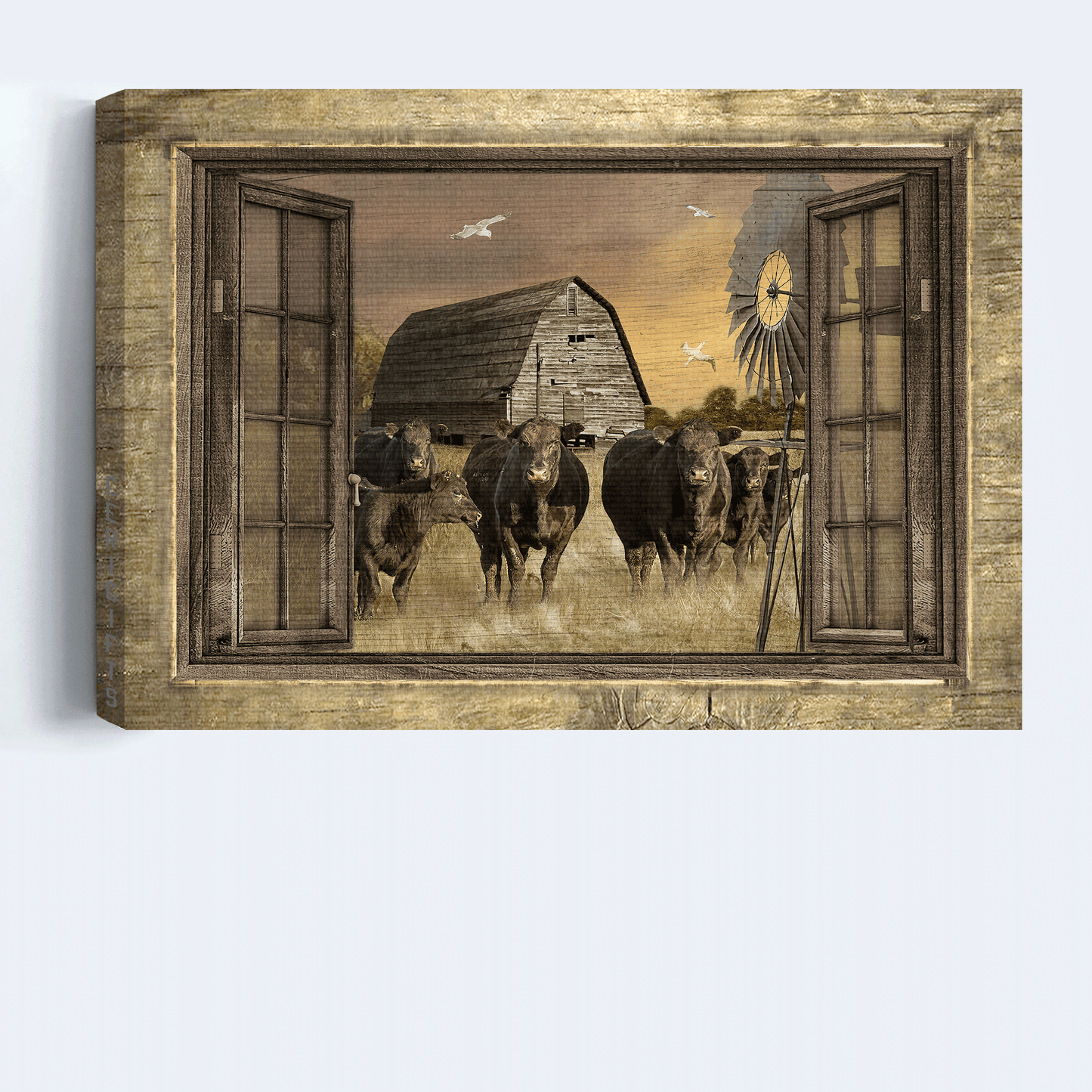 Aberdeen Angus Premium Wrapped Landscape Canvas - Old Barn Painting, Aberdeen Angus, Countryside, Windmill - Gift For Farmers, Farm Lovers - Amzanimalsgift