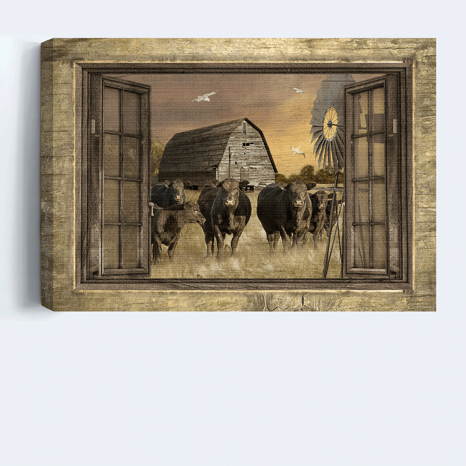 Aberdeen Angus Premium Wrapped Landscape Canvas - Old Barn Painting, Aberdeen Angus, Countryside, Windmill - Gift For Farmers, Farm Lovers - Amzanimalsgift