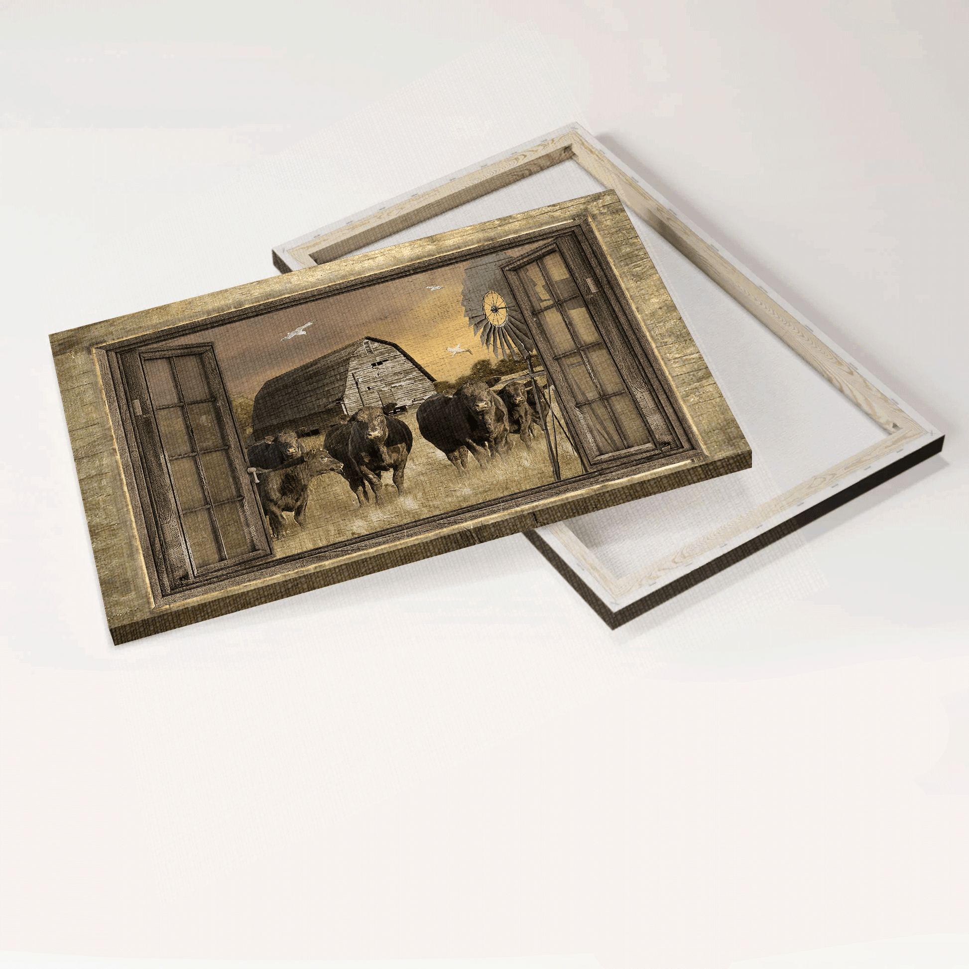 Aberdeen Angus Premium Wrapped Landscape Canvas - Old Barn Painting, Aberdeen Angus, Countryside, Windmill - Gift For Farmers, Farm Lovers - Amzanimalsgift