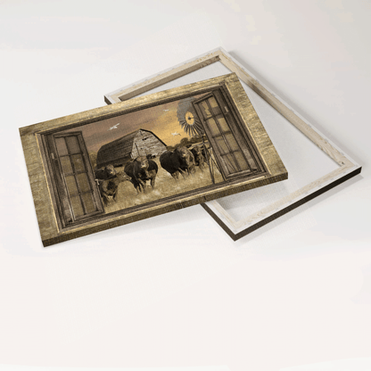 Aberdeen Angus Premium Wrapped Landscape Canvas - Old Barn Painting, Aberdeen Angus, Countryside, Windmill - Gift For Farmers, Farm Lovers - Amzanimalsgift