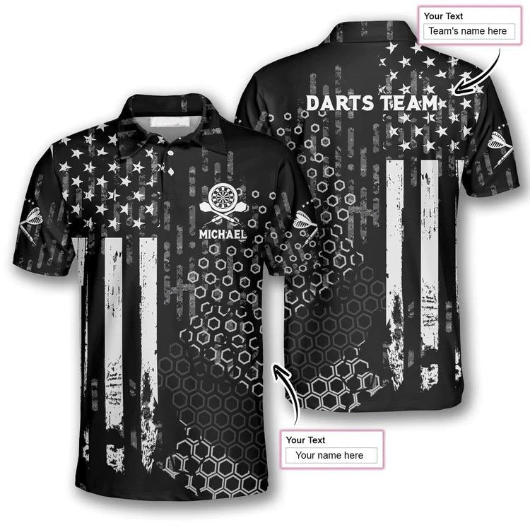 Darts Custom Team Name Men Polo Shirt, Personalized US Flag Hive Pattern Polo Shirts For Men, Independence Day Apparel For Darts Lover, July 4 Holiday