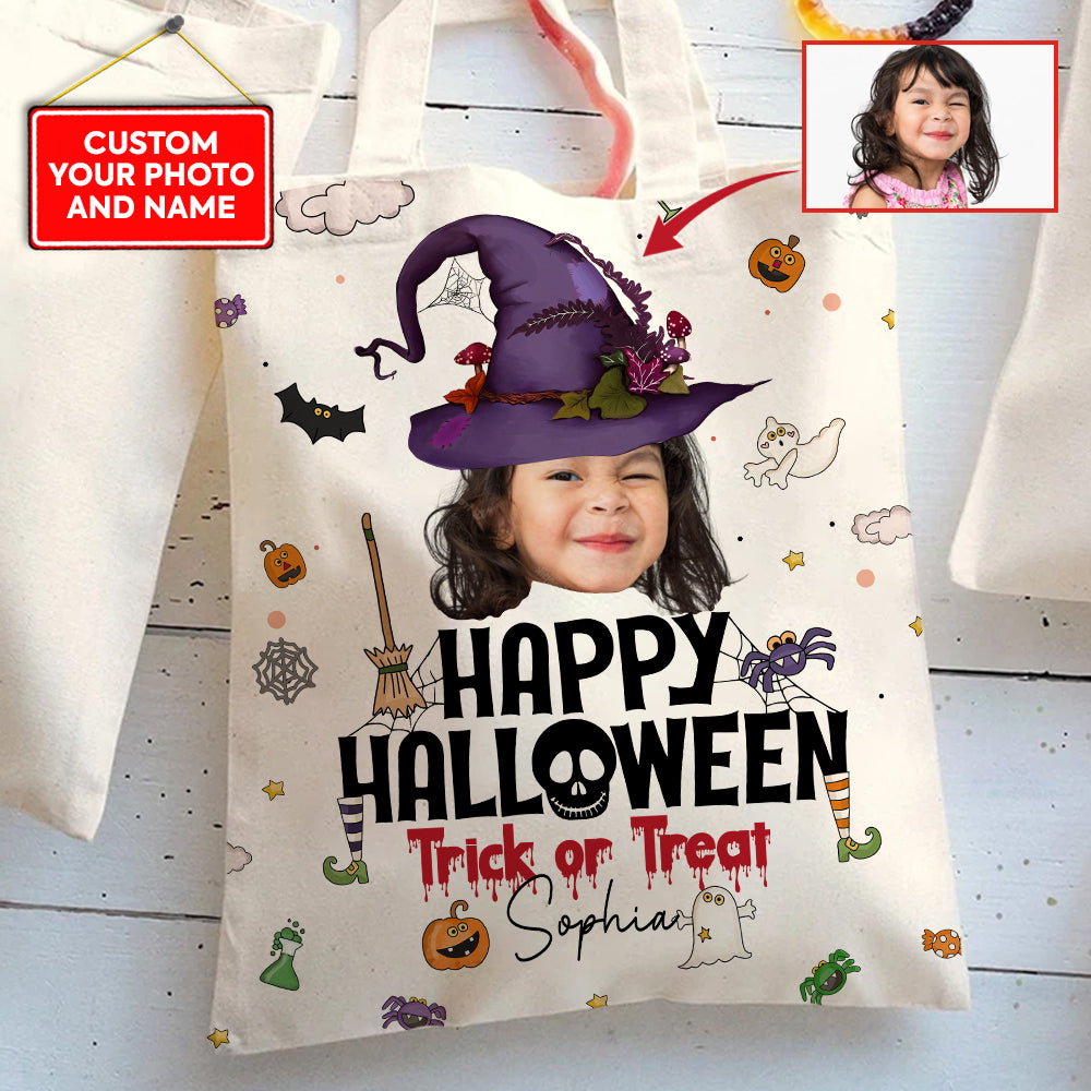 Halloween Tote Bag Customized Photo And Name Trick Or Treat, Perfect Halloween Gift For Son, Daughter, Grandson, Granddaughter