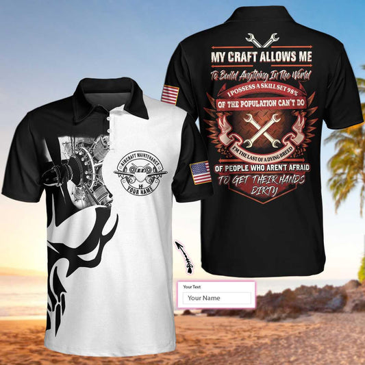 Aircraft Mechanic Customized Name Men Polo Shirt, Personalized Skull American Flag Mechanic Polo Shirt For Men - Best Polo shirts Gift For Mechanic, Family, Friends - Amzanimalsgift