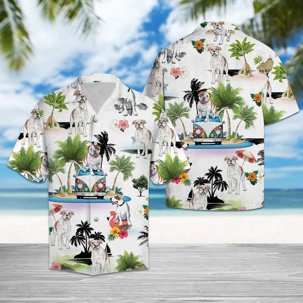American Bulldog Hawaiian Shirt, Dog Hippie Palm Vacation Aloha Shirt For Men, Women - Perfect Gift For Dog Lovers, Husband, Boyfriend, Friend, Wife - Amzanimalsgift