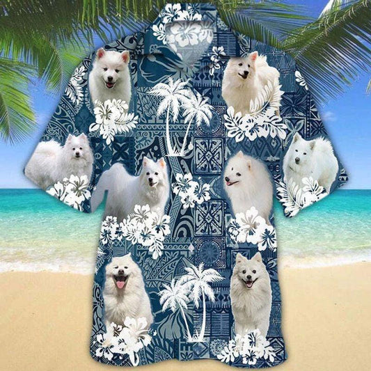 American Eskimo Aloha Hawaiian Shirt - Happy American Eskimo Hawaiian Shirt, Polynesian Pattern Hawaiian Shirt For Men & Women, American Eskimo Lover - Amzanimalsgift