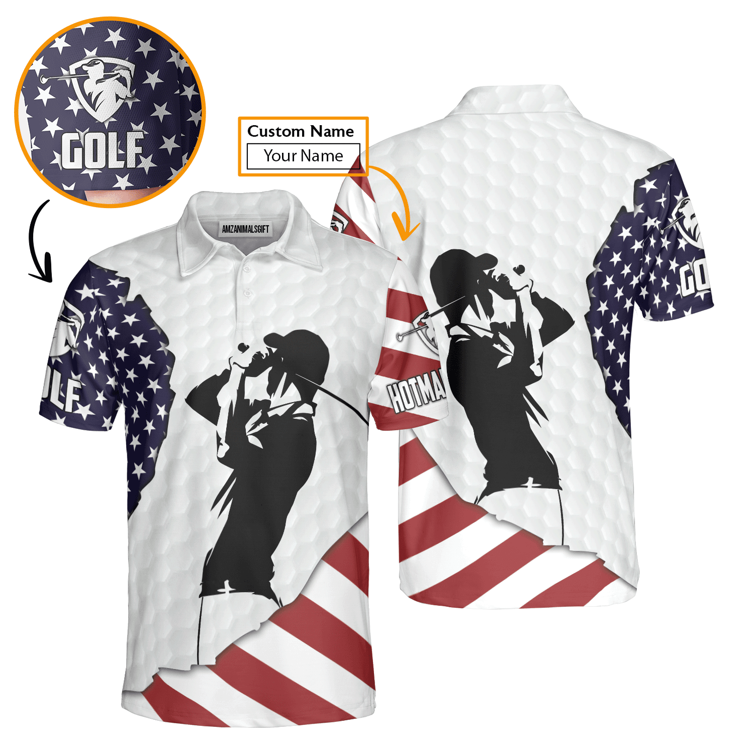 American Flag 4th of July Custom Name Golf Men Polo Shirt - American Flag Apparel - Personalized Gift For Golf Lover, 4th Of July, Him, Husband - Amzanimalsgift