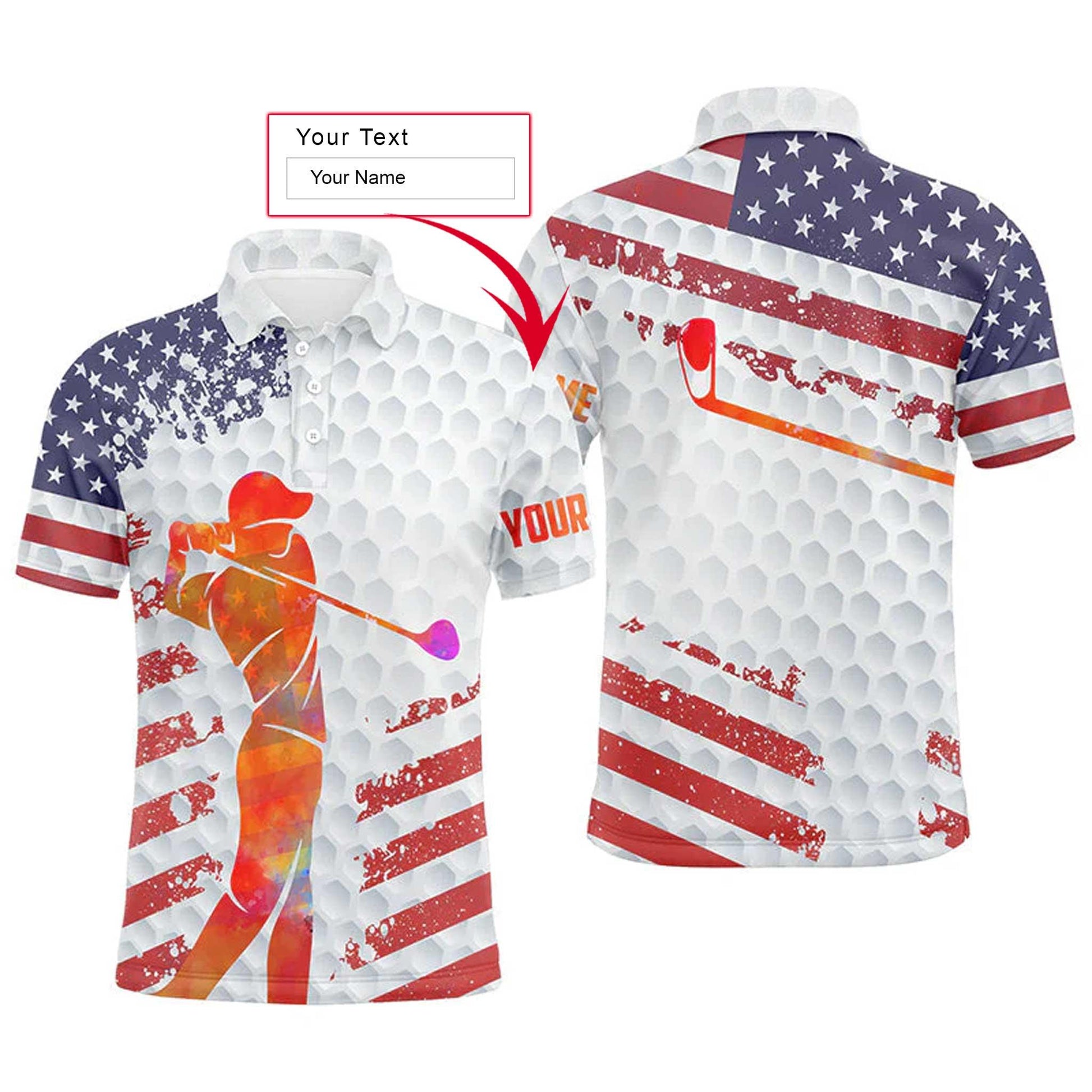 American Flag 4th of July Golf Men Polo Shirts - Custom Name American Flag 4th of July White Golf Balls Skin Polo Shirts - Personalized Gift For Men - Amzanimalsgift