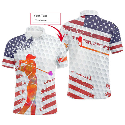 American Flag 4th of July Golf Men Polo Shirts - Custom Name American Flag 4th of July White Golf Balls Skin Polo Shirts - Personalized Gift For Men - Amzanimalsgift