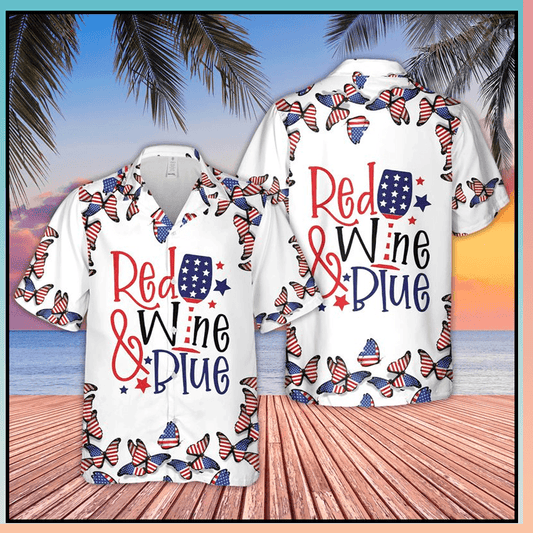 American Flag Butterfly Wine Aloha Hawaiian Shirts For Men Women, Red Wine Blue Hawaiian Shirt, 4th July Gift For Summer, Friend, Independence Day - Amzanimalsgift