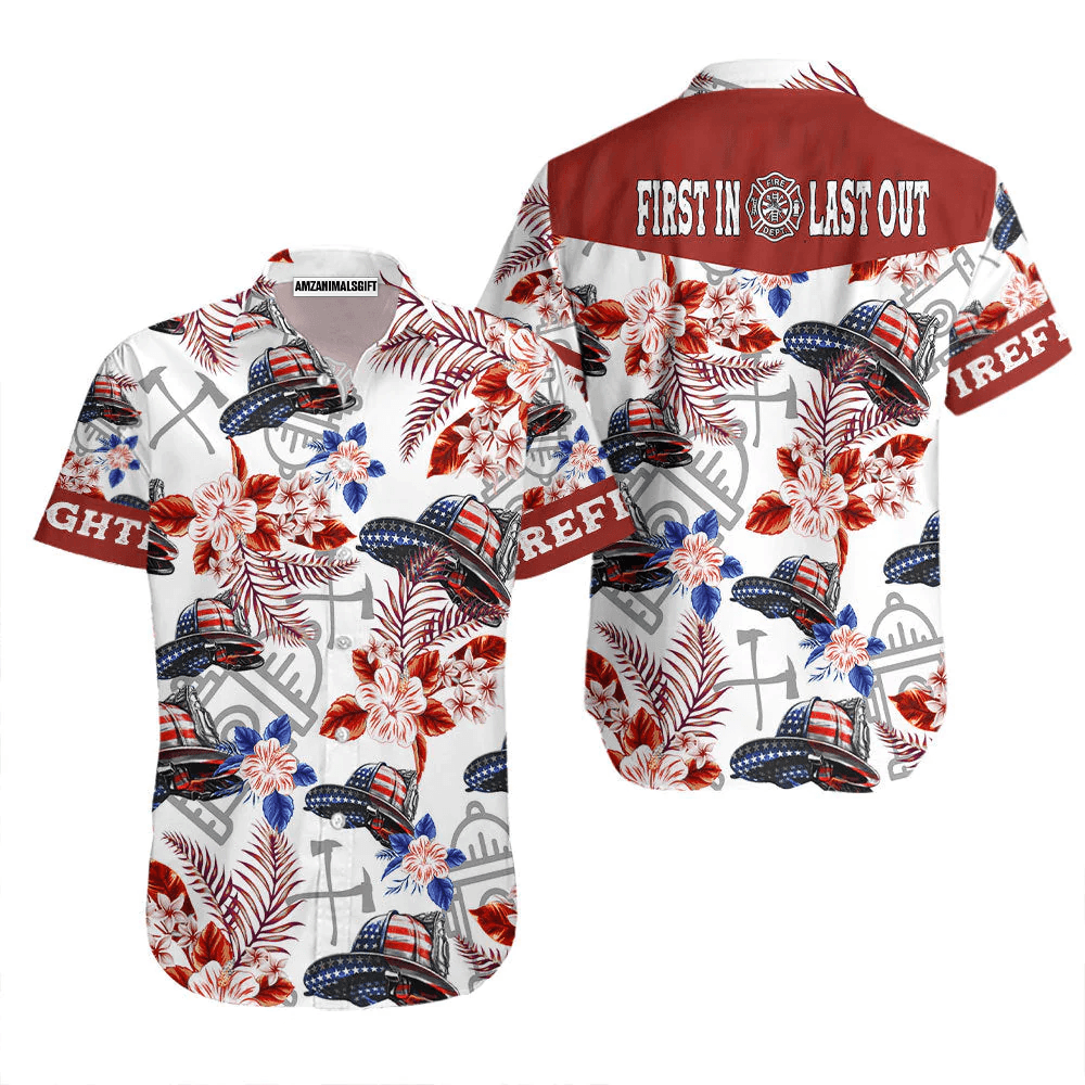 American Flag Helmet Firefighter Seamless Aloha Hawaiian Shirts For Men Women, 4th July Gift For Summer, Friend, Independence Day, First In Last Out - Amzanimalsgift