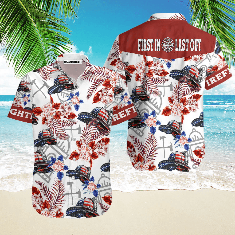 American Flag Helmet Firefighter Seamless Aloha Hawaiian Shirts For Men Women, 4th July Gift For Summer, Friend, Independence Day, First In Last Out - Amzanimalsgift