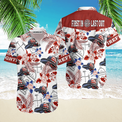 American Flag Helmet Firefighter Seamless Aloha Hawaiian Shirts For Men Women, 4th July Gift For Summer, Friend, Independence Day, First In Last Out - Amzanimalsgift
