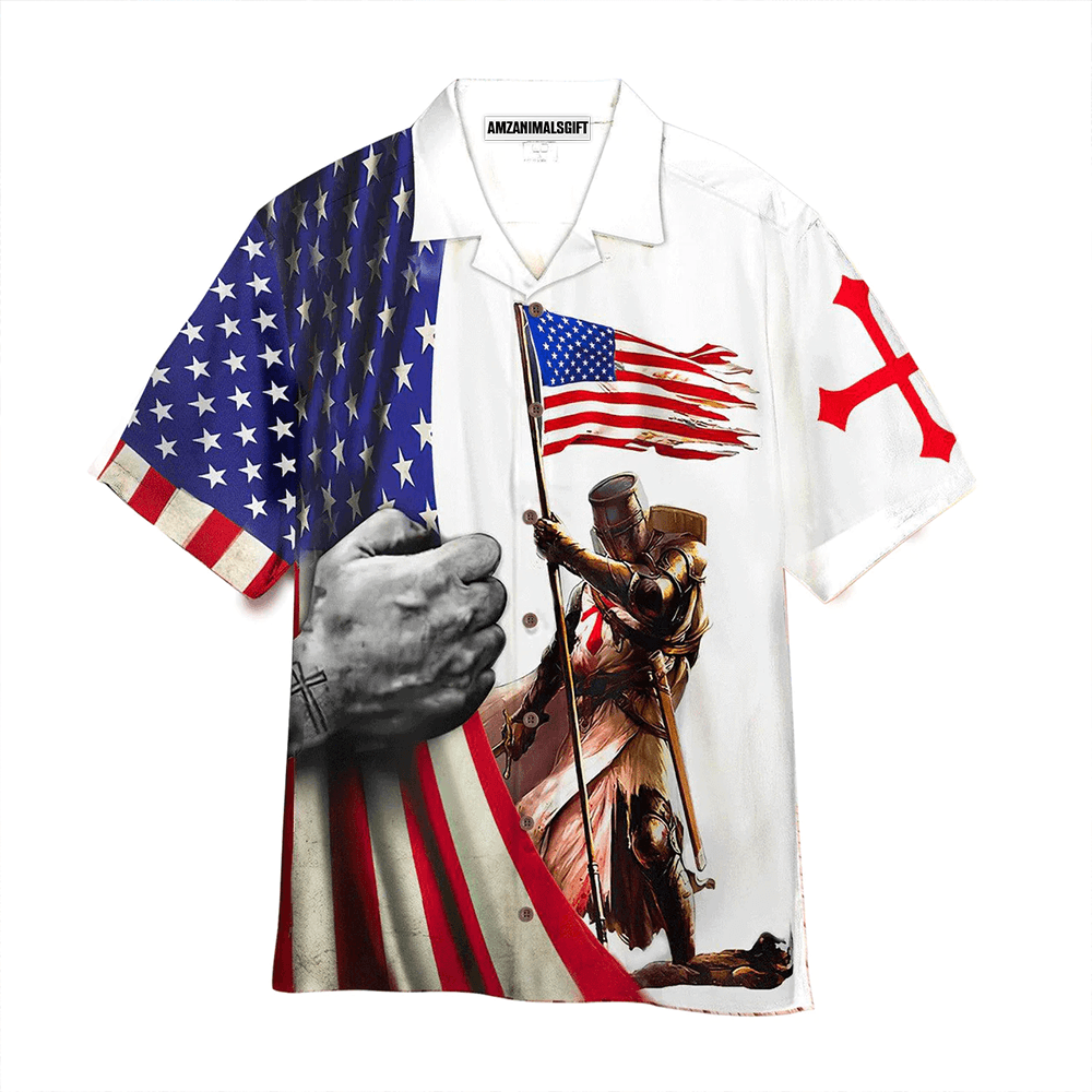 American Flag White Aloha Hawaiian Shirts For Men Women, Warrior Cross Hawaiian Shirt, 4th July Gift For Summer, Friend, Patriot, Independence Day - Amzanimalsgift