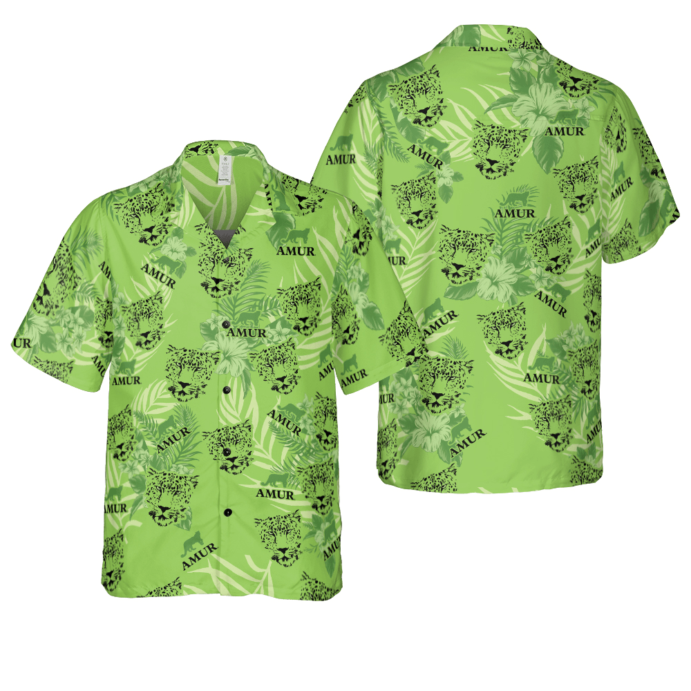 Amur Leopard Aloha Hawaiian Shirt For Summer, Amur Leopard Hibiscus Pattern Green Hawaiian Shirt For Men Women, Gift For Friend, Family, Team - Amzanimalsgift