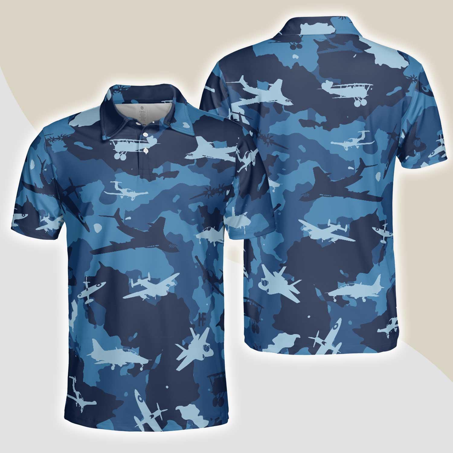 Army Men Polo Shirt, Aircraft Ocean Blue Camouflage Polo Shirt, Best Camo Shirt For Men - Best Gift For Army, Family, Friends - Amzanimalsgift