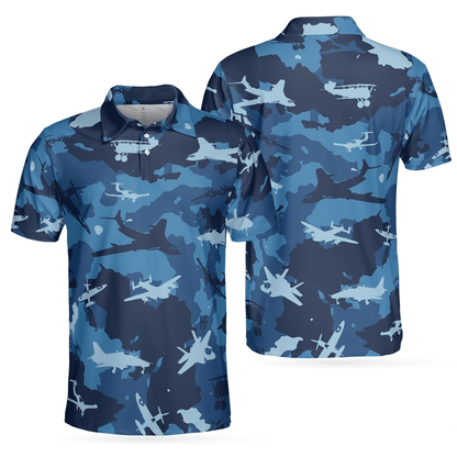 Army Men Polo Shirt, Aircraft Ocean Blue Camouflage Polo Shirt, Best Camo Shirt For Men - Best Gift For Army, Family, Friends - Amzanimalsgift