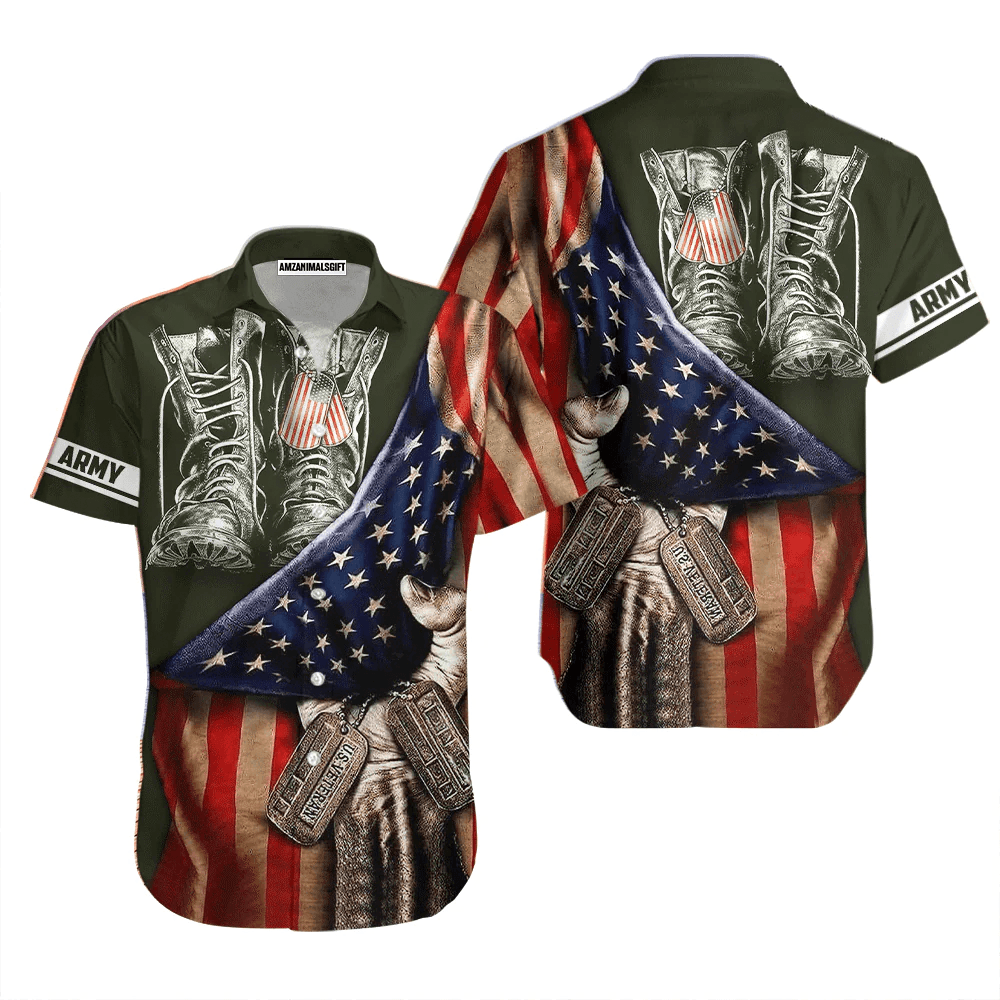 Army Veteran US American Flags And Shoes Black Aloha Hawaiian Shirts For Men Women, 4th Of July Gift For Summer, Friend, Family, Independence Day - Amzanimalsgift